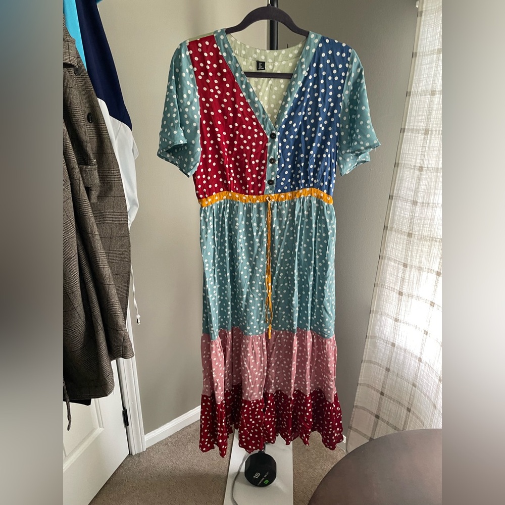 Polka Dot Patchwork V-Neck Midi Dress with Drawstring Waist - Multi